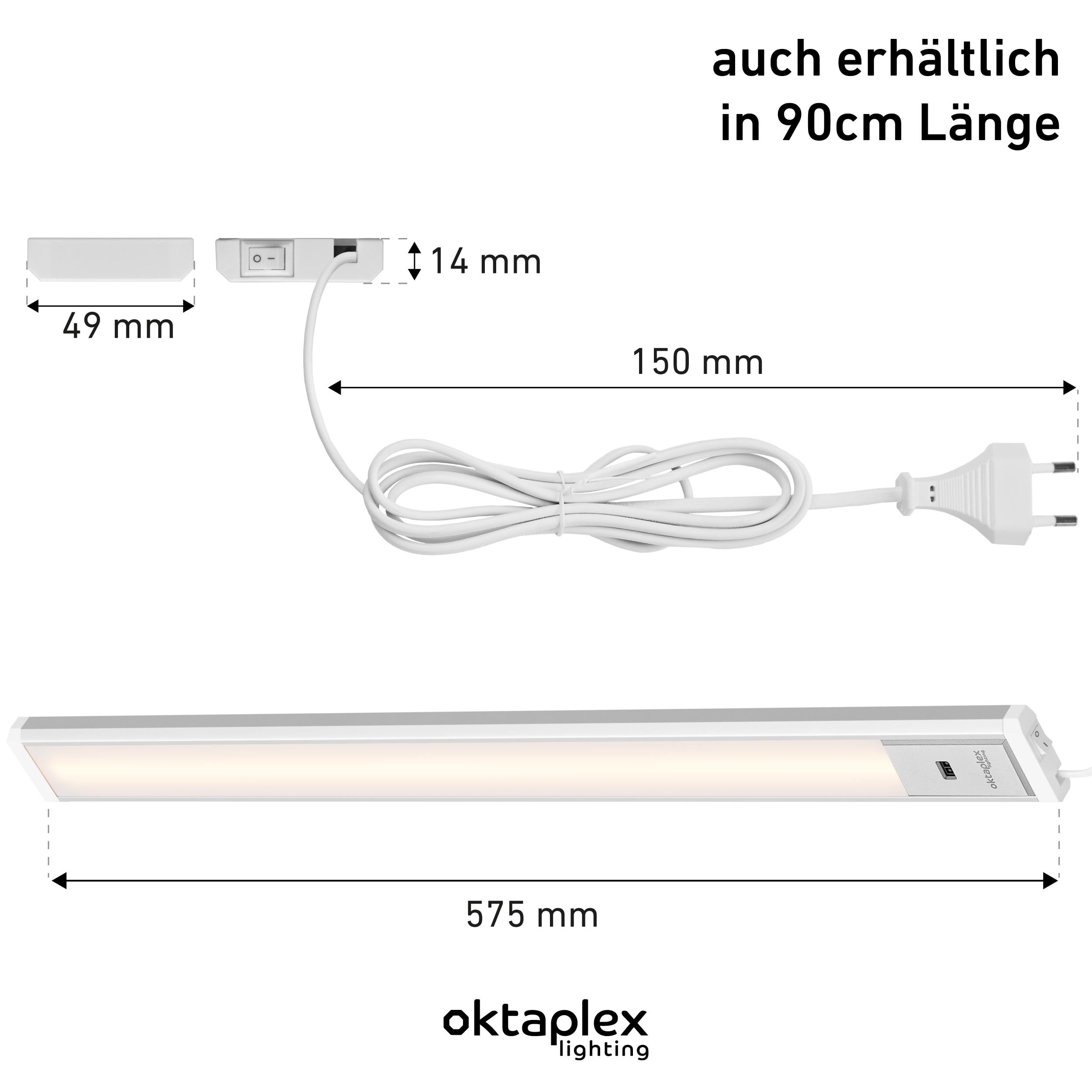 Oktaplex Riva - Luce LED sottopensile, piatta, dimmerabile, bianco neutro, 57,5 cm, illuminazione da cucina con sensore, 760 lm, luce sottopensile, 10,2 W, 230 V, argento