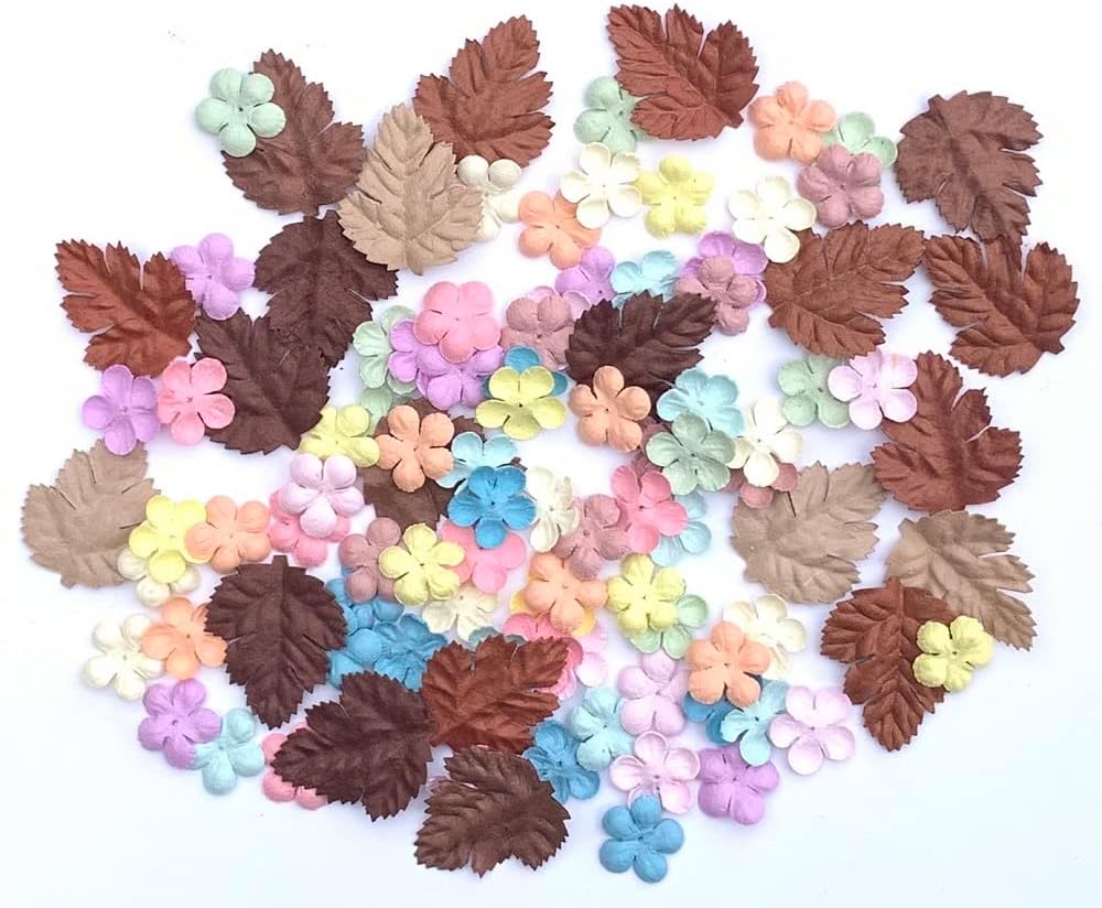 100 Pcs Handmade Mulberry Paper Flowers Petals and Leaves Scrapbooking Wedding DIY Craft Supplies Card (Stephania Venosa Flowers Pastel Color/Brown Tone Rose Leaves)