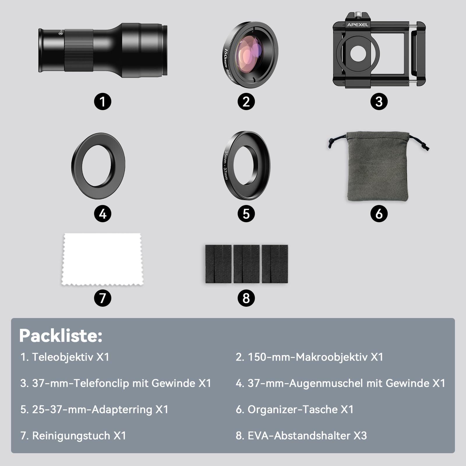 APEXEL 6X HD Teleobjektiv mit Fixfokus und verbessertem Universalclip, 150-mm-Makroobjektiv,FMC-Beschichtung,Geeignet für iPhone 17/16/15..., Samsung, Pixel und andere Smartphones,Schwarz