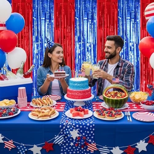 Image of TONIFUL 2 Packs Red and Blue Carnival Foil Fringe Curtains 3.3 x 6.6 ft Metallic Tinsel Streamers Backdrop for Patriotic Celebration Baby Shower Circus Theme Birthdays Party Photo Booth Decorations