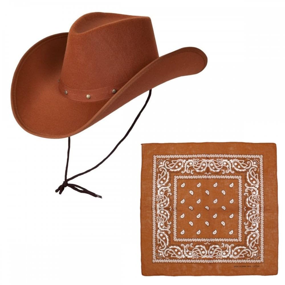 Titch & Timbo Brown Texan Cowboy Hat + Bandana Set : Adult Mens Womens Western Wild West Rodeo Barn Dance Cowgirl Music Festival Pop Tour Fancy Dress Accessory (Paisley Bandana, Tan Bandana)