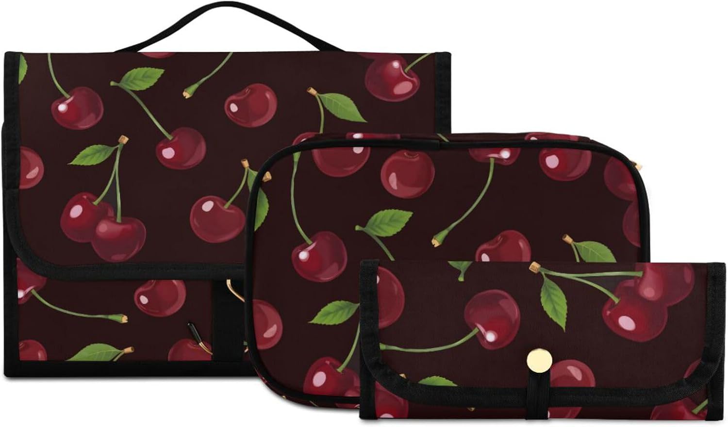 senya Vintage Cherry Pattern Toiletry Bag Hanging Travel Makeup Bag 3 PCS, Portable Makeup Organizer Cosmetic Bag Clear