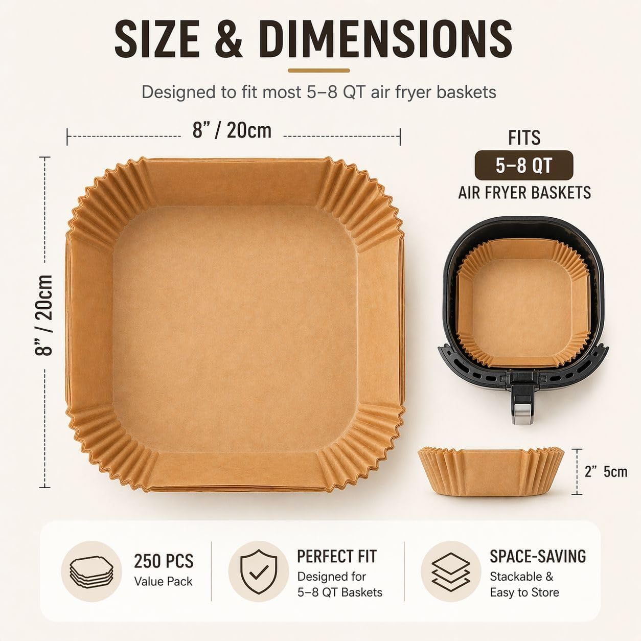 Air Fryer Liners 250 PCS, Disposable Parchment Paper Liners 8 Inch Square, Unbleached Baking Sheets for Air Fryer Basket 5–8 QT, Easy Cleanup, Oven & Baking Use