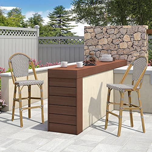 Purple Leaf French Bar Stools Set Of 2 Bamboo Print Finish Patio Bar Stools With Back Rattan Bar Chairs Wicker Bar Height Stool 30" With Footrest Kitchen Island Stools Outdoor Barstool Grey #TOP1