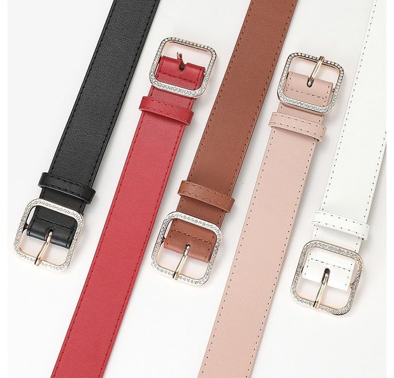 Women's PU Leather Belt with Square Crystal Diamond Buckle4