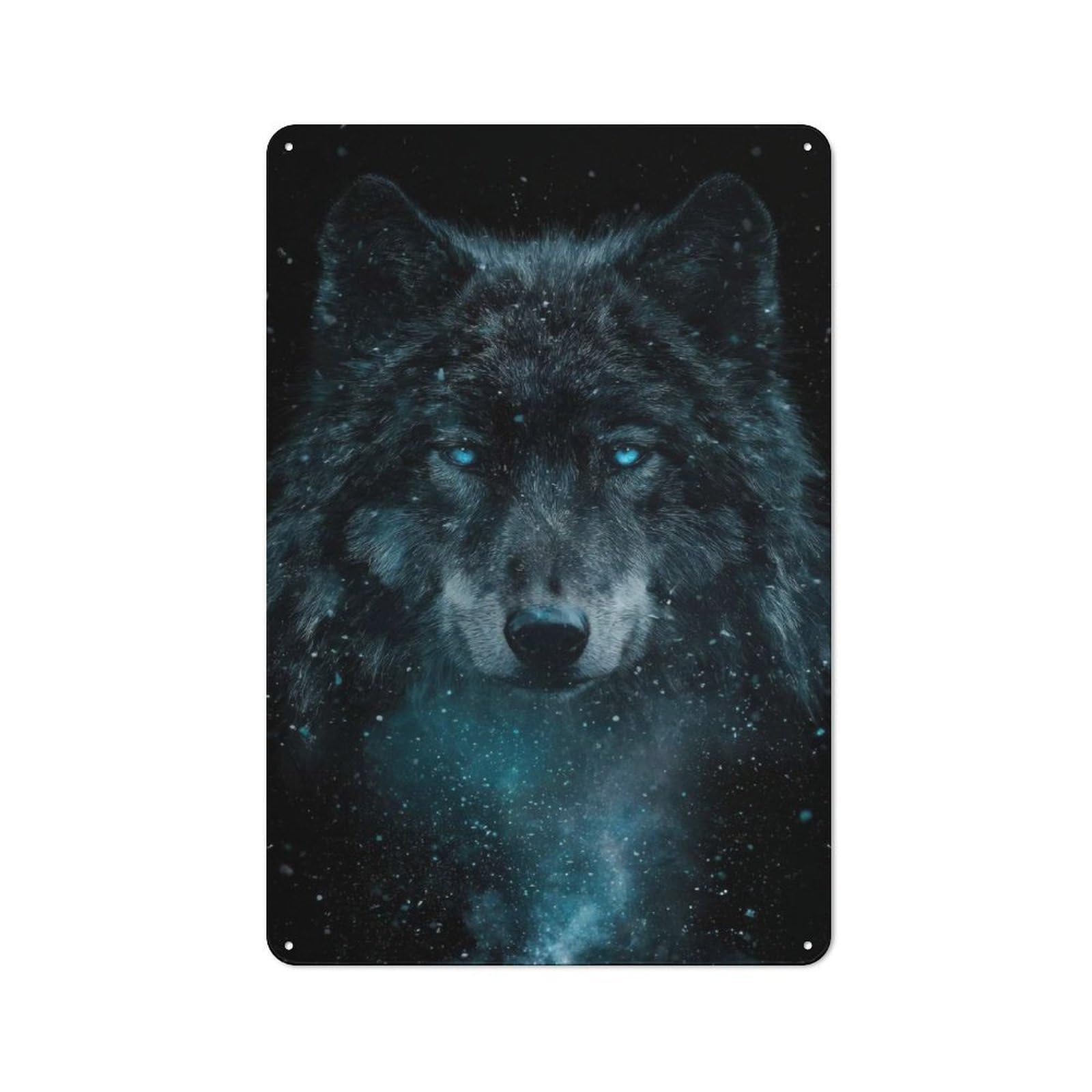 Junmoney Style-14 Metal Wall Sign 30X20cm Featuring Wolf Portrait With Blue Eyes For Hallway Wall, For Hallway Decor Lovers, For Retro Home Interiors