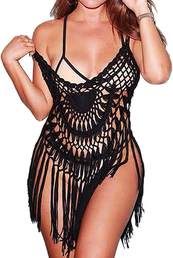 EkouaerBeach Swimsuit Cover Up Women Crochet Bikini Coverups Summer Pool Swimwear Tassel Dress