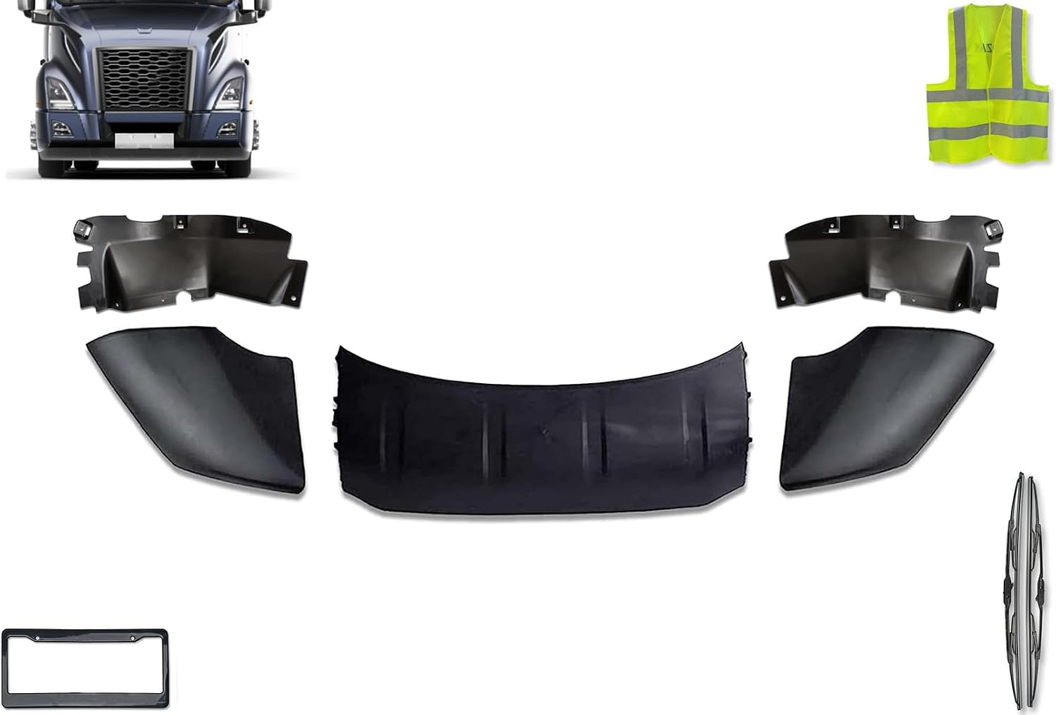 KOZAK Bumper Air Flow Deflector Right, Left Side and Center With Black Plastic Air Deflector SET compatible with Volvo VNL 2018+ PLUS Logo with Stripe, Wipers, License Plate Holder and Vest