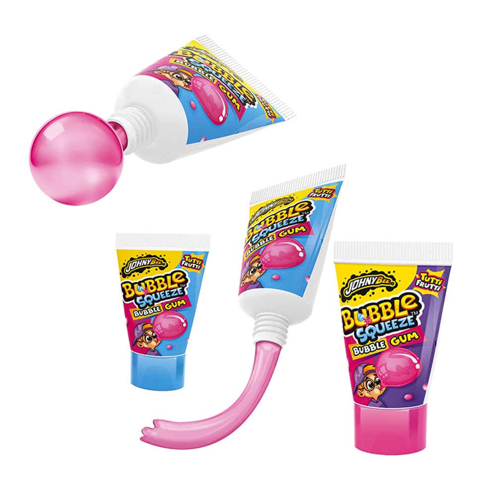 JohnyBee Bubble Squezee Bubble Gum in Tubetti da Spremere Gusto Fruttato Espositore da gr.30x24