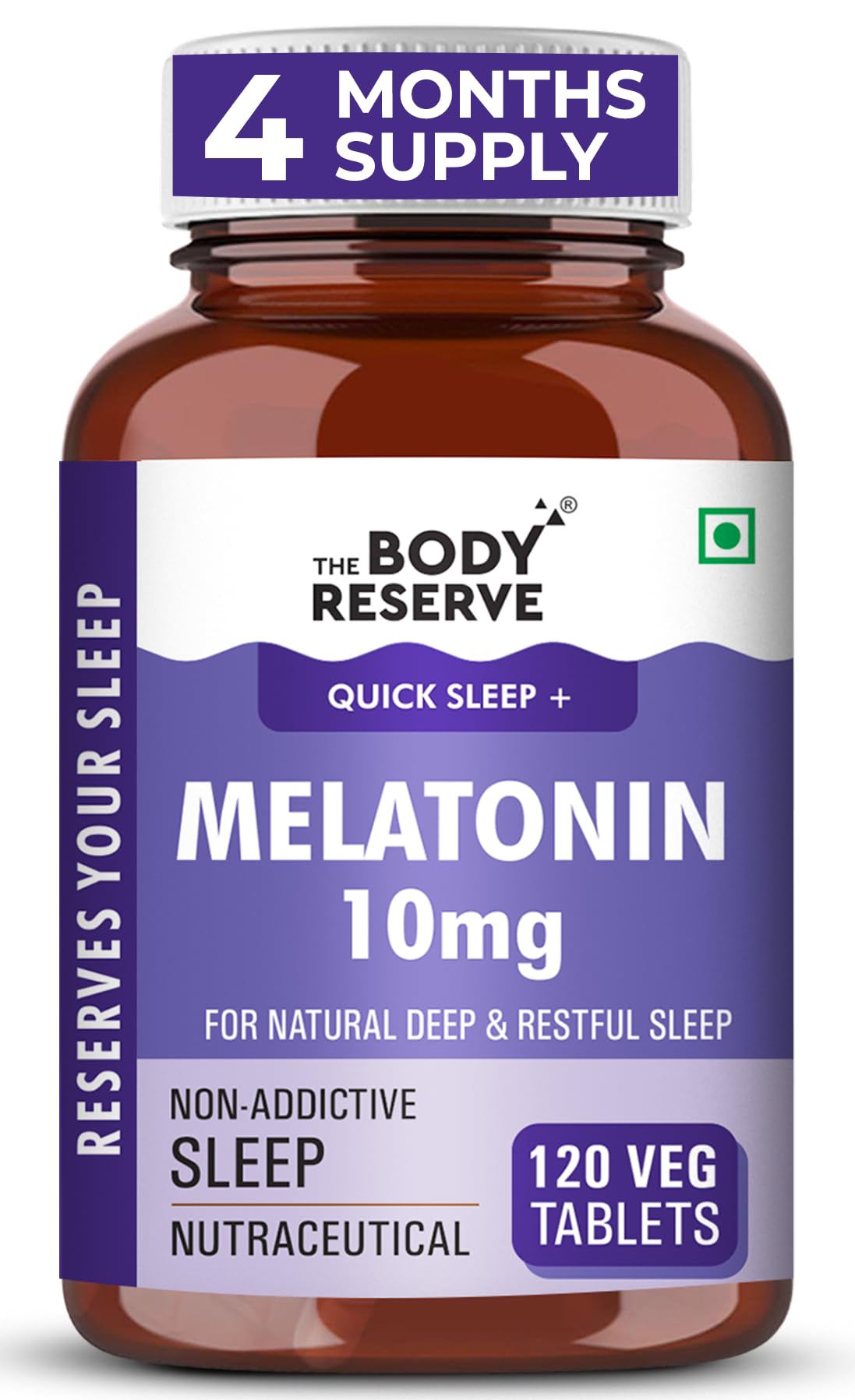 The Body Reserve Melatonin 10mg - 120 Veg Tablets for Sleep Support, Nerve Relaxation, and Stress Relief - Non-Habit Forming for Men & Women