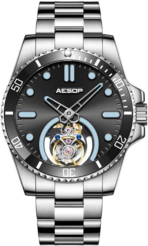 Tourbillon Men Watch Unidirectional Rotating Bezel Mechanical Hand Wind Wristwatches Analog Luminous Sapphire Stainless Business Luxury Watch for Men 7060