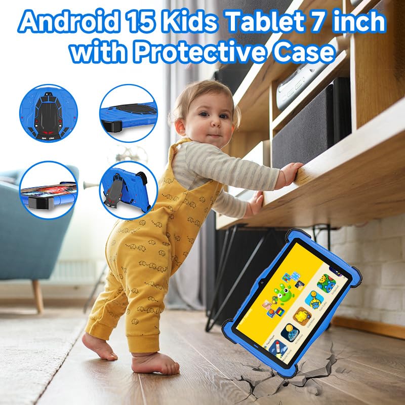 Image of 7 Inch Kids Tablet with Shockproof Case, Android 14 Educational Learning for Toddlers 3-10, 10GB RAM + 64GB ROM, Dual Camera, WiFi, Bluetooth