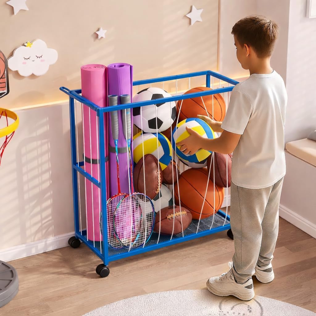 56264 Ball Storage Bin Rolling Sports Ball Cart, Metal Garage Organizer Sport Rack, Ball Basket Storage, Ball Cage for Garage or Gym, Indoor & Outdoor Sports Equipment Organizer - Blue