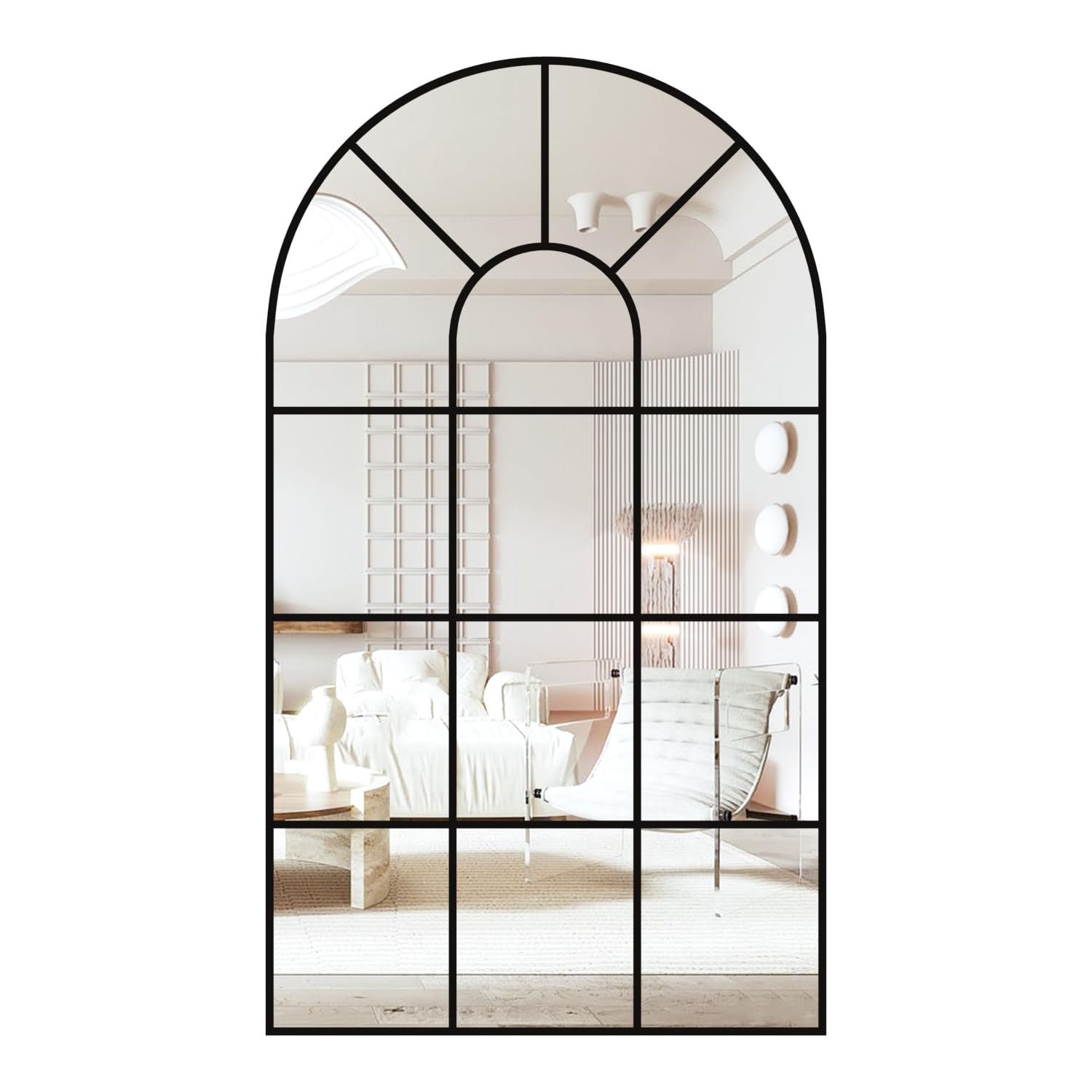 Espejo de pared con marco de metal negro y forma de arco