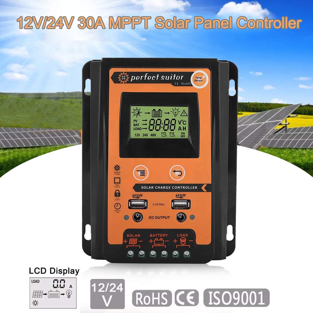 Controlador de Cargador de Panel Solar, 12V/24V A MPPT Controlador de Carga Solar Regulador de batería de Panel Solar Pantalla Dual USB LCD(30A)