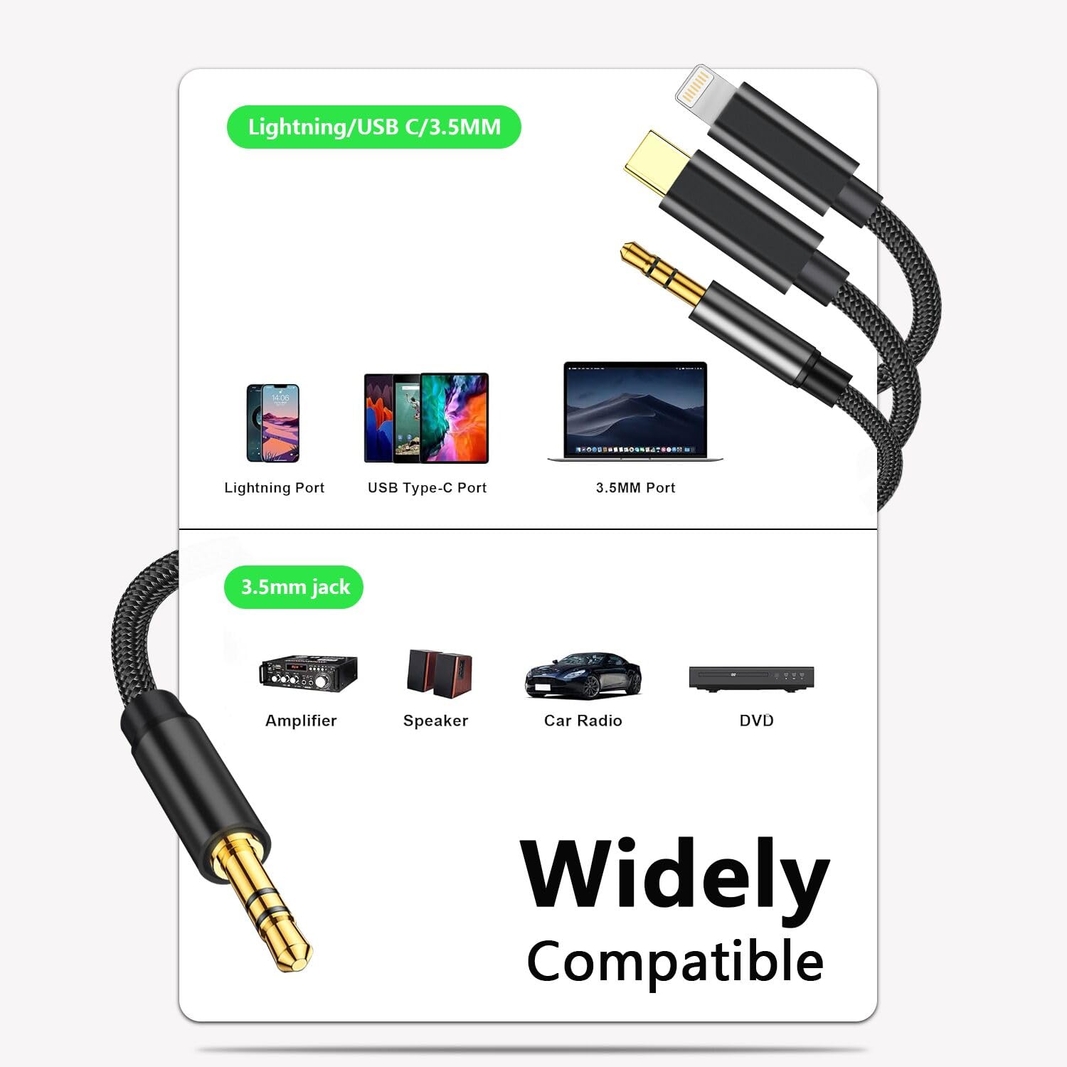 Cavo audio AUX 3 in 1 per iPhone [certificato Apple Mfi], da USB C a AUX da 3,5 mm, cavo Lightning a AUX da 3,5 mm, compatibile con iPhone 16, 15, 14, 13, 12, Pixel 9, 8, 7, Galaxy S24, S23, iPad