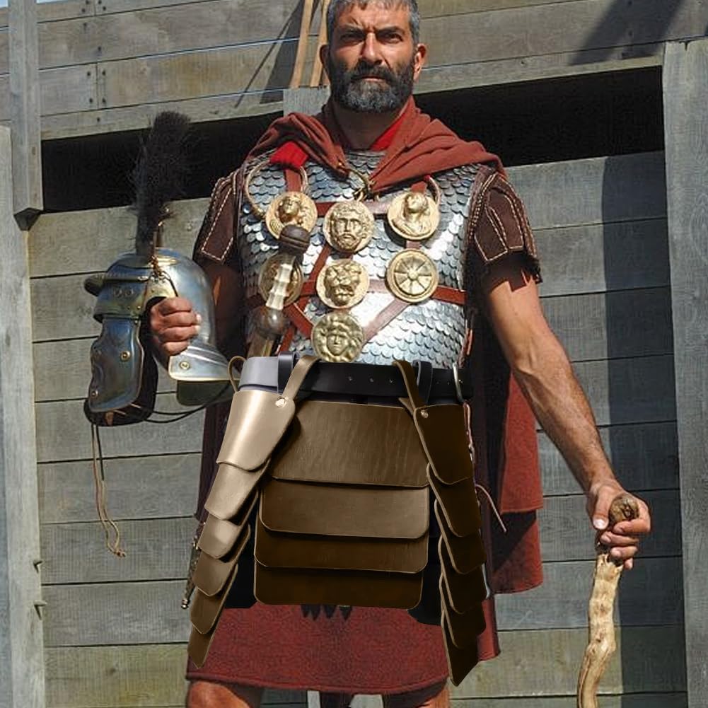 CALFOVERA Viking Wide Waist Belt Armor Mercenary Knights Skirt Medieval Retro Three-Sided Thigh Armor Skirt PU Leather with Wide Buckle Belt for LARP Cosplay Costume Make-up Party (Brown) - Image 3