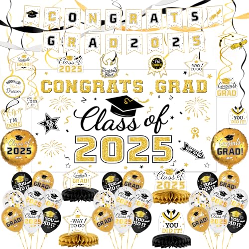 Graduation Decorations Class of 2025 - Congrats Grad Banner & Backdrop, Hanging Swirl, Balloons & Streamers Kit, Honeycomb Centerpieces for White and Gold Congrats Grad Party Decorations