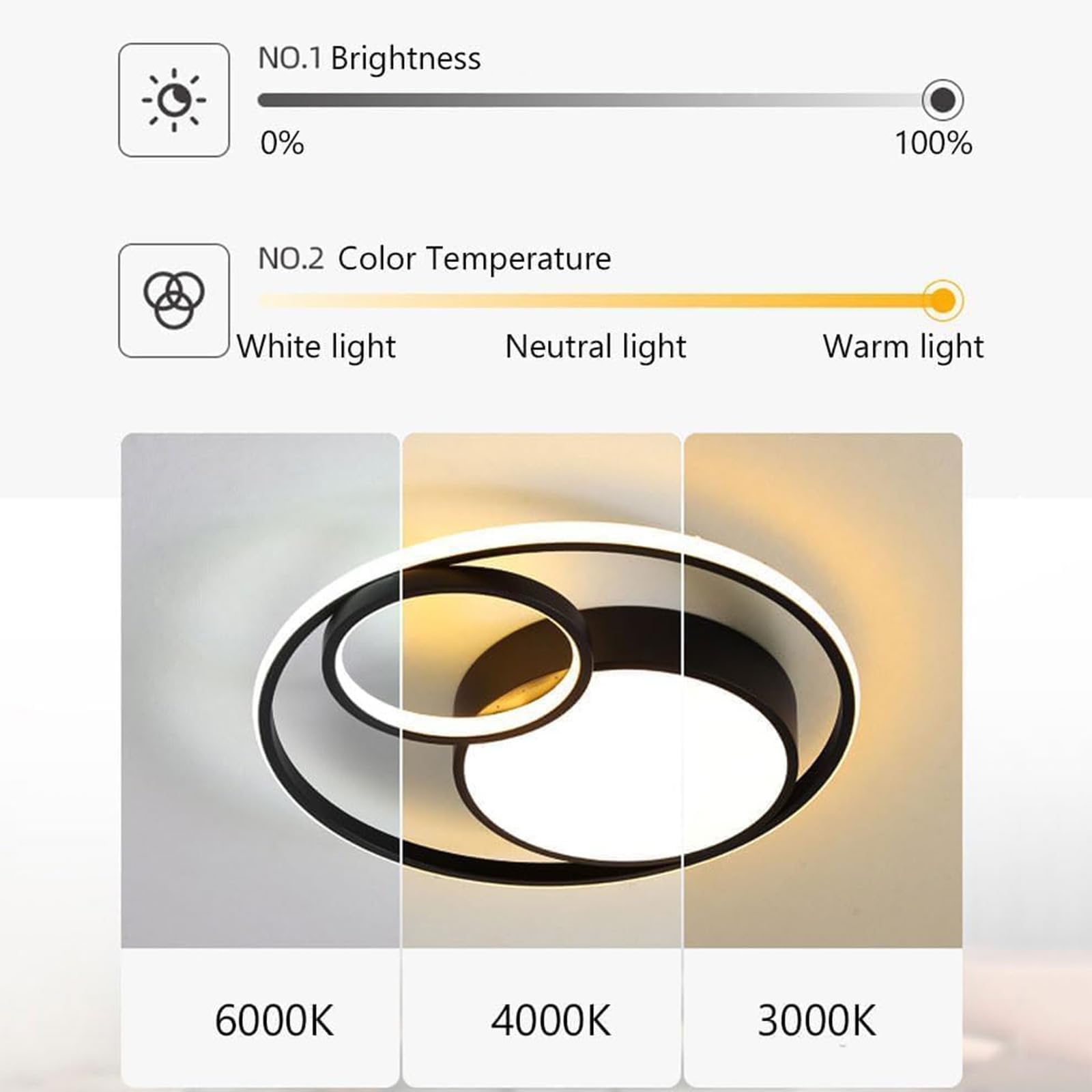 Ściemnialna lampa sufitowa LED z pilotem metalowa akrylowa lampa sufitowa nowoczesne okrągłe oświetlenie sufitowe do sypialni salonu biura 3000 K-6500K (czarny + biały, 40 cm)