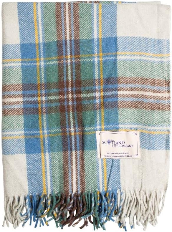 The Scotland Kilt Company Fringe Wool Scottish Tartan Knee Rug - Muted Blue Stewart - Warm Cozy Shawl Picnic Travel Blanket - 36 x 59