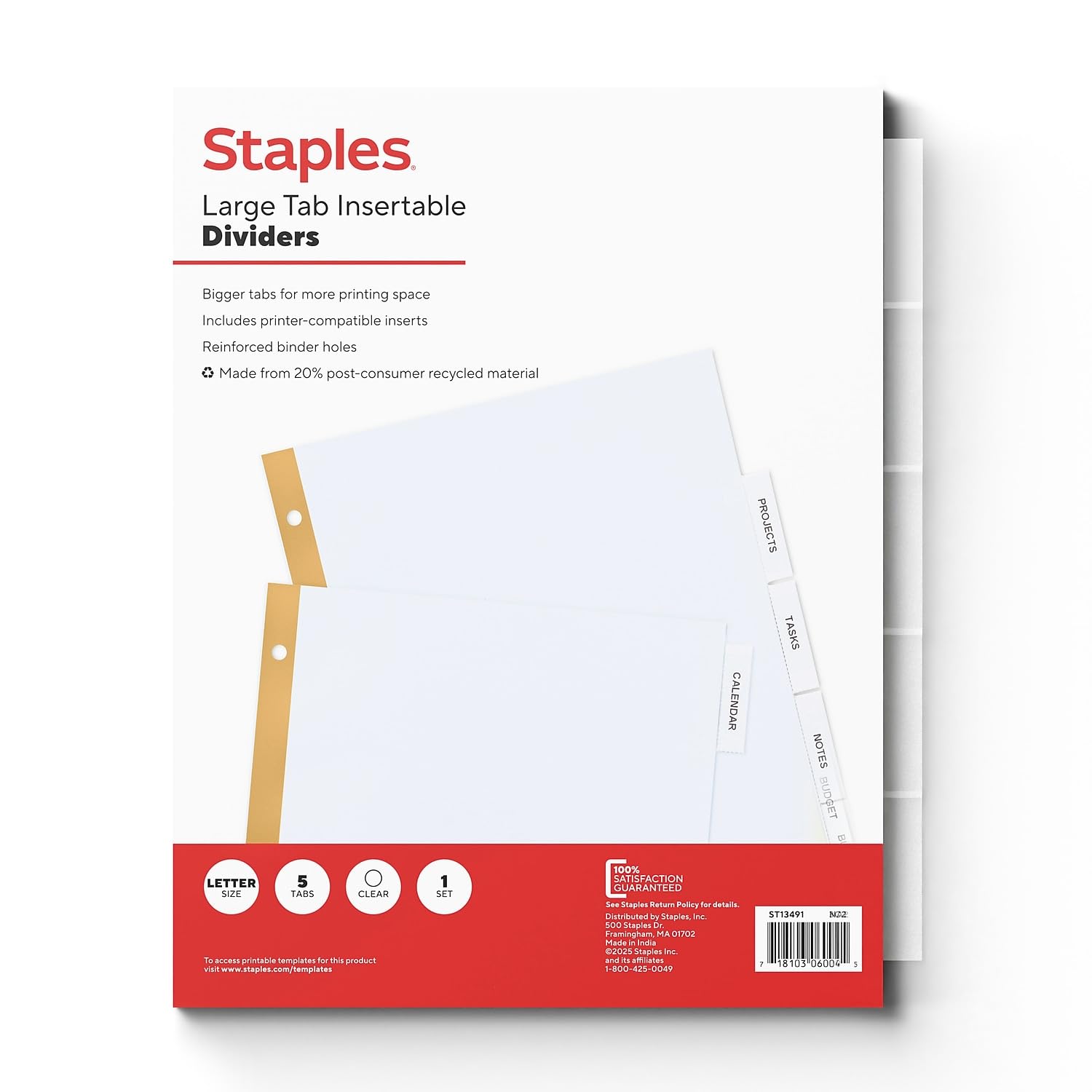 Staples 462788 Big Tab Insertable Paper Dividers 5-Tab Clear (13491/11122)