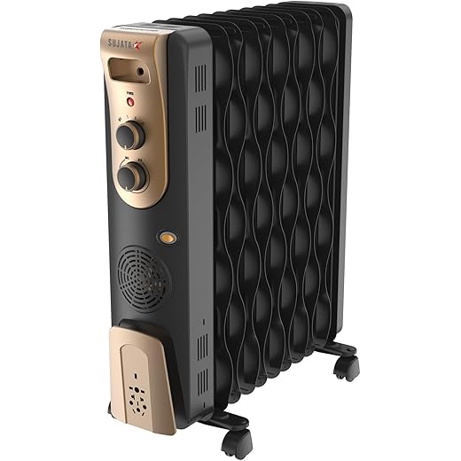 Sujata OFR Room Heater | 2 Years Warranty, 2900 W | Oil Filled Room Heater, Oil heater 3 Heat Setting & PTC Fan Heater, ISI Approved, Auto Thermal Cut Out Protection (Black Gold - SRH99 13 Fin)