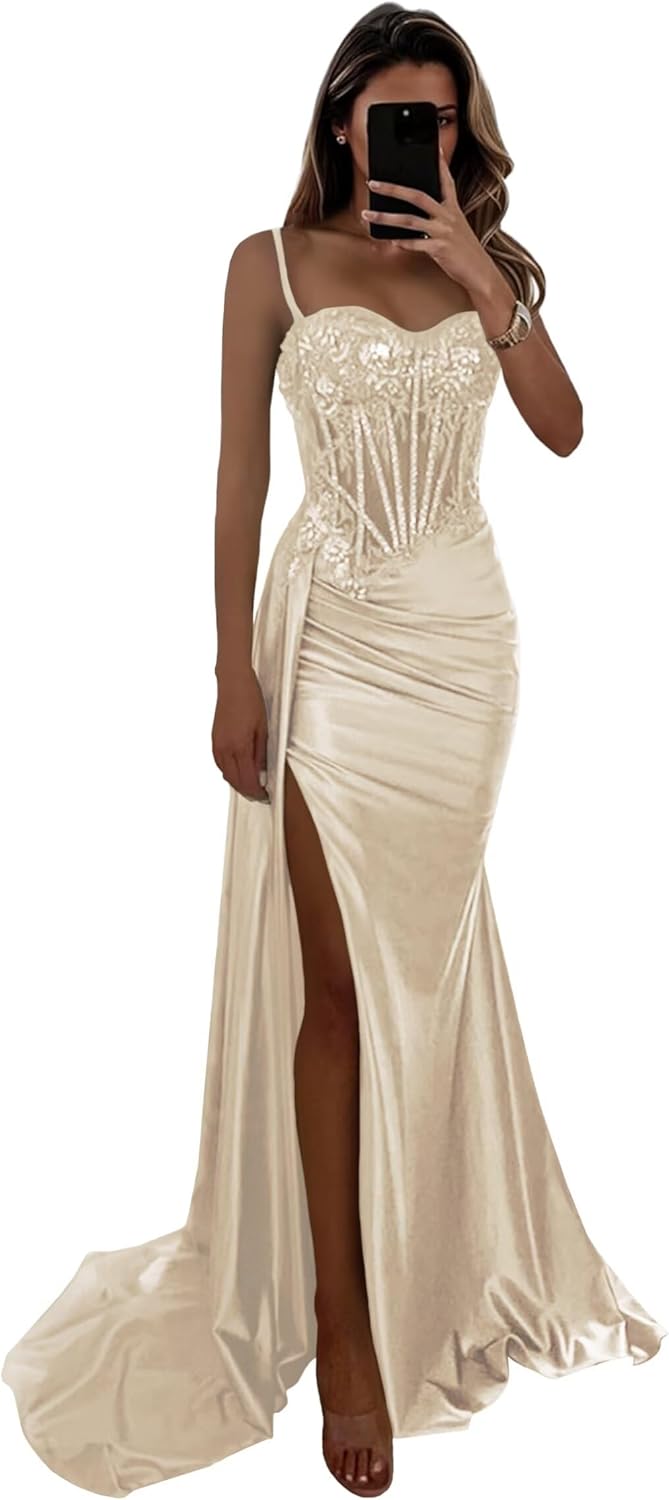 Satin Corset Prom Dresses with Slit Sparkly Lace Appliques Ruched Mermaid Long Formal Evening Gowns