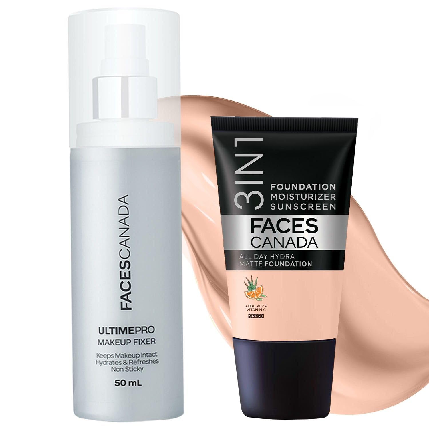 FACESCANADA Waterproof Fix & Finish Kit | Makeup Fixer (50ml) + Rose Ivory All Day Hydra Matte Mini Foundation (18ml) | Makeup Kit For Women (Combo Pack of 2)
