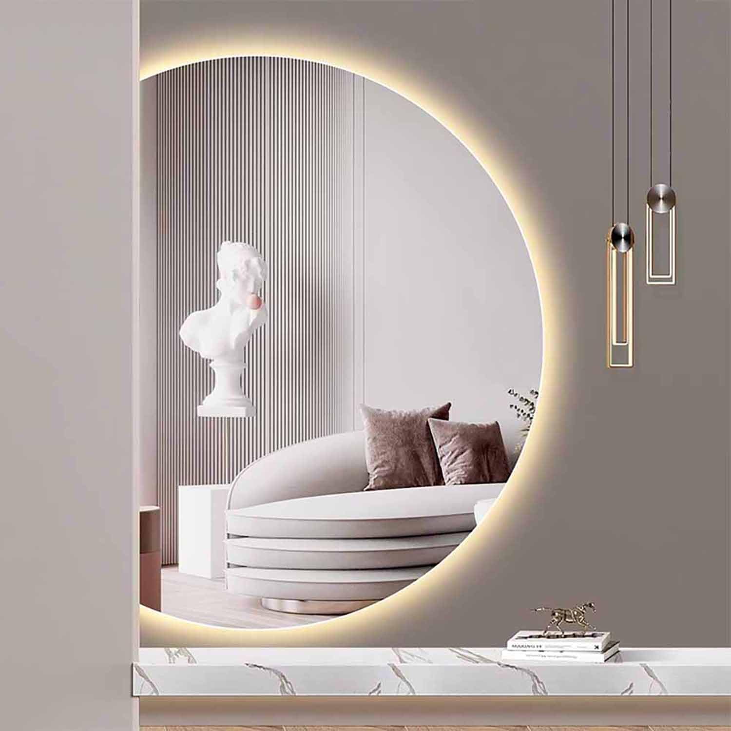 Miroir de chambre LED 3 couleurs réglables avec miroir mural demi-lune 130 cm