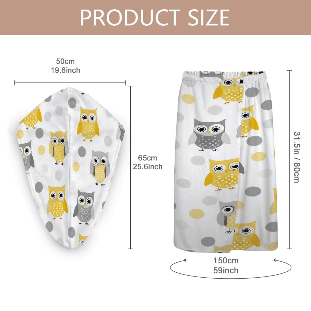 Mikrofaser-Duschtuch für Damen, mit Haar-Handtuch, niedliche gelb-graue Eulen, lustige Tiere, weiche Körperwickel, Kleid mit Haartrocknungskappe für Strand, Pool, Spa, 2 Sets