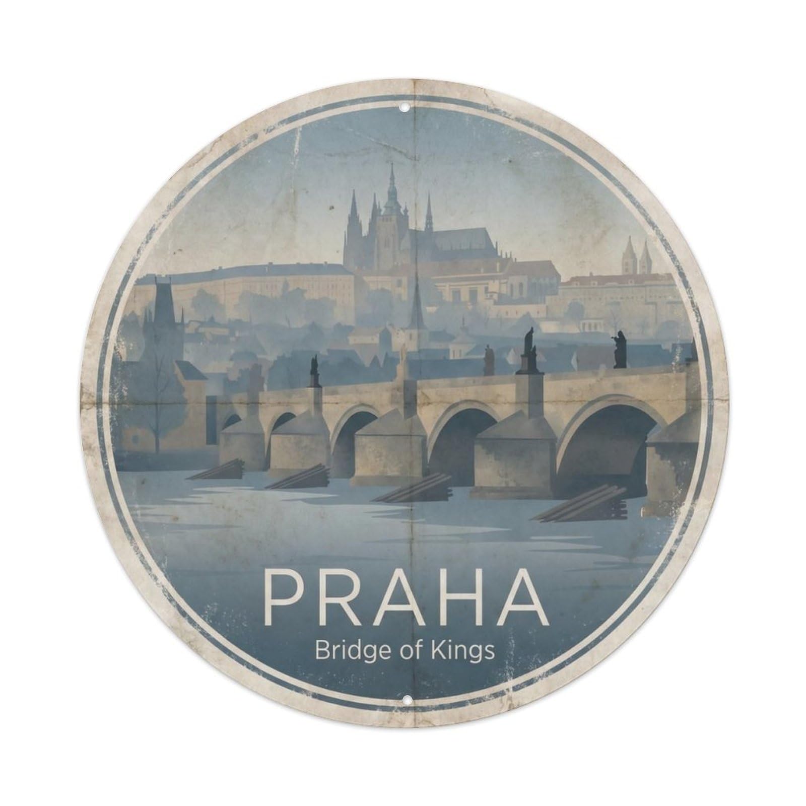 Vintage Travel Charles Bridge Prague Metal Tin Sign Plaque Wall Decor for Cafe, Club, Garden Round Metal Poster 8x8Inch