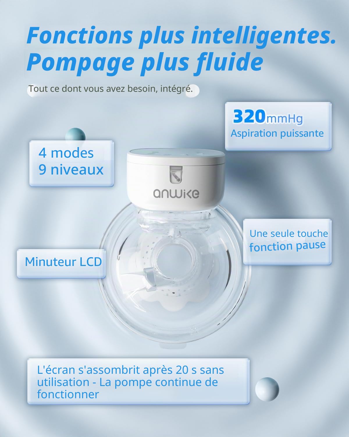 ANWIKE MY-376 Tire-lait électrique double, ultra-léger (230 g) - Tire-lait mains libres et indolore, idéal pour la conduite et les voyages, silencieux (40 dB), 4 modes, 9 niveaux d'intensité.