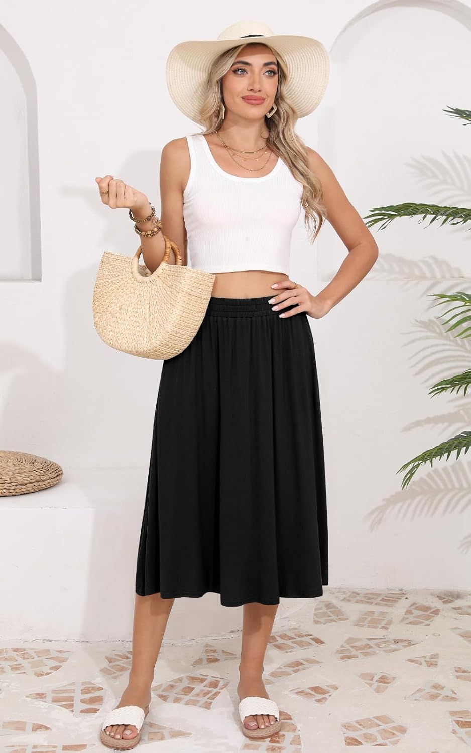 Women's Midi Skirt Summer Flowy Elastic High Waisted Casual Pleated Skirts with Pockets - Image 5