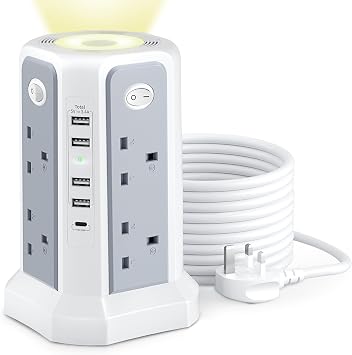 Tower Extension Lead with USB Slots and Night Light, 20W USB C Fast Charger