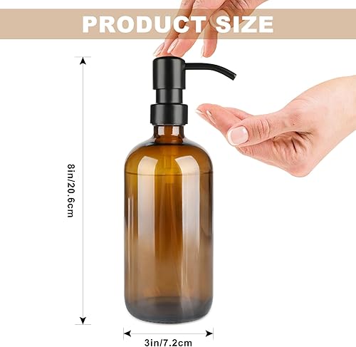 Miniatura 2 de Dispensador de jabón de vidrio ámbar de 16 onzas, 1 paquete de dispensador de jabón de manos recargable con bomba de acero inoxidable a prueba de