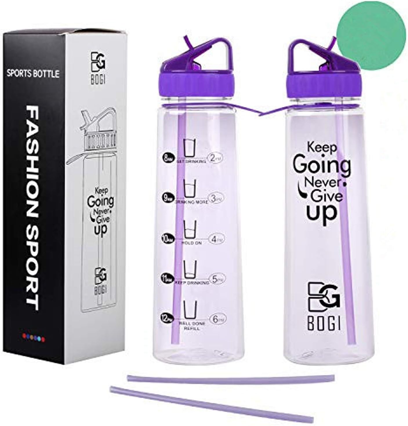 BOGI 30oz Motivational Water Bottle with Time Marker, BPA Free Sports Straw Water Bottles - Flip Nozzle,No Leak,Non-Toxic, Reusable for Kids Outdoors Camping Hiking Cycling Fitness Yoga Gym+ 2 Straws