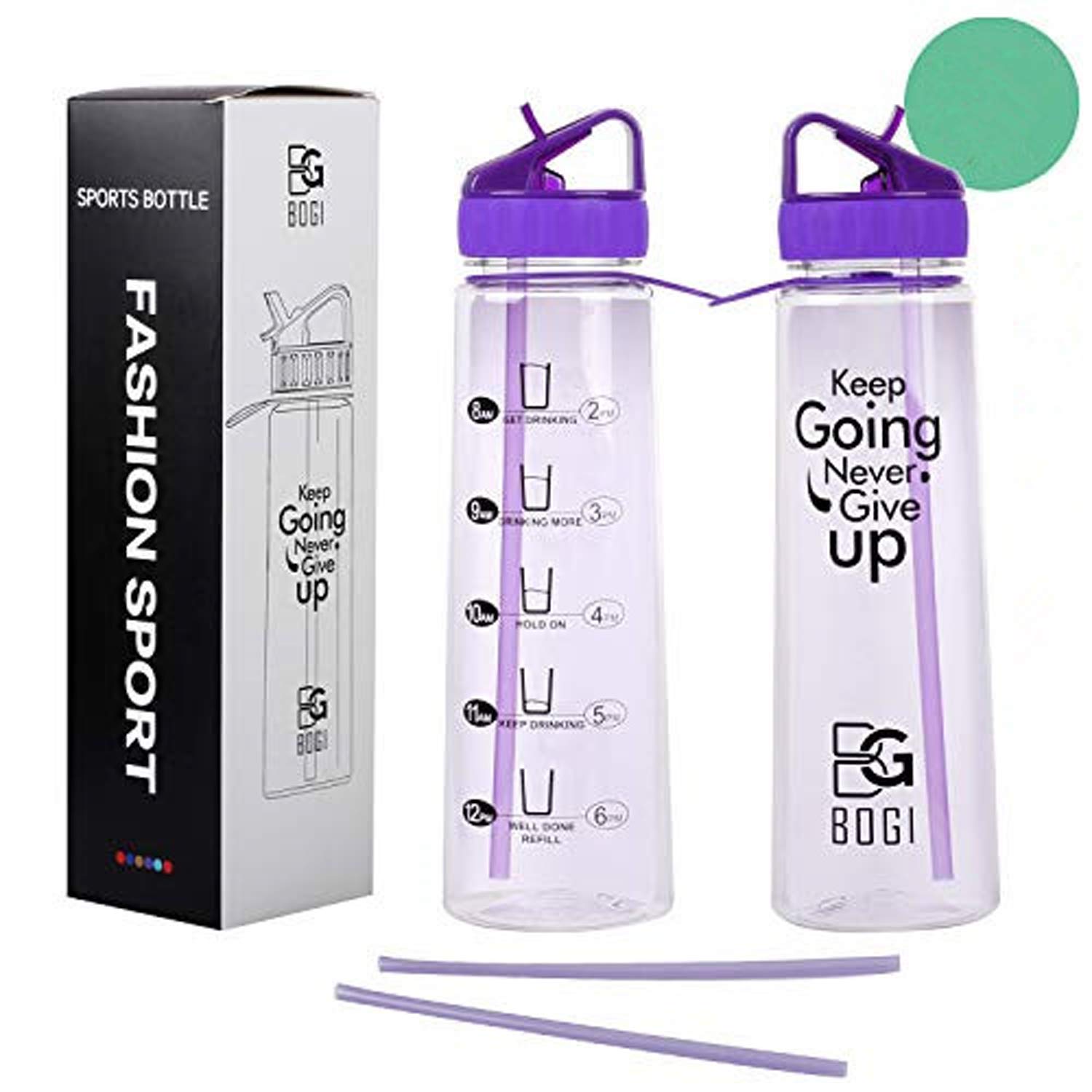 BOGI 30oz Motivational Water Bottle with Time Marker, BPA Free Sports Straw Water Bottles - Flip Nozzle,No Leak,Non-Toxic, Reusable for Kids Outdoors Camping Hiking Cycling Fitness Yoga Gym+ 2 Straws