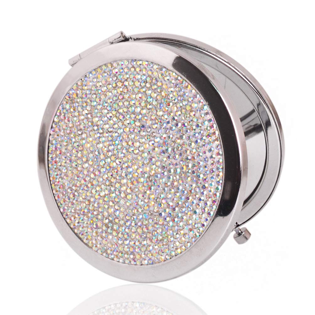 Round Sparkling Rhinestone Compact Mirror Double-Sided 2X Magnification Pocket Makeup Mirror Portable Handheld Mirror for Women and Girls