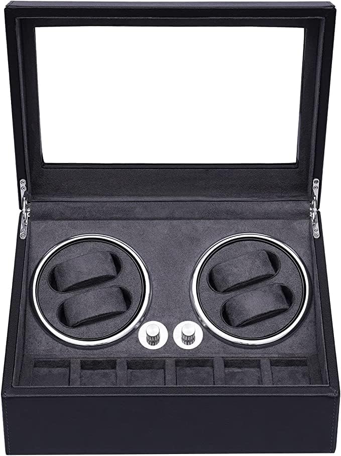 Olvy Watch Winder with lid open, showing empty winding slots and storage compartments.