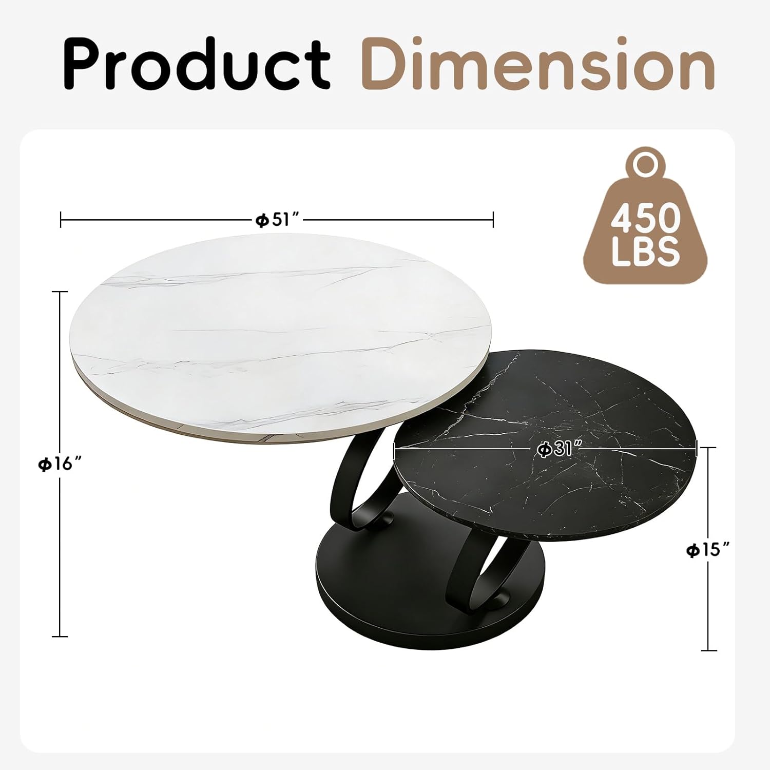 Round Nesting Coffee Table Set of 2, 51" Large Marble Top Coffee Tables with Black Metal Frame, Modern Living Room Center Table Set for Apartment, Bedroom, Balcony, White & Black