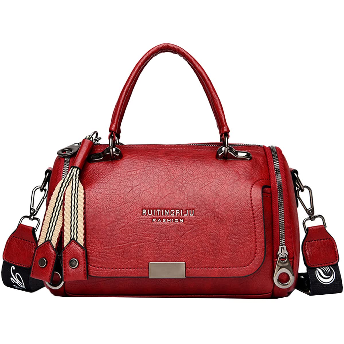 Bolsos de Mano Mujer Bolsos de Hombro de Cuero Genuino Bolsos Cruzados de Boston Moda Bolso de Rojo
