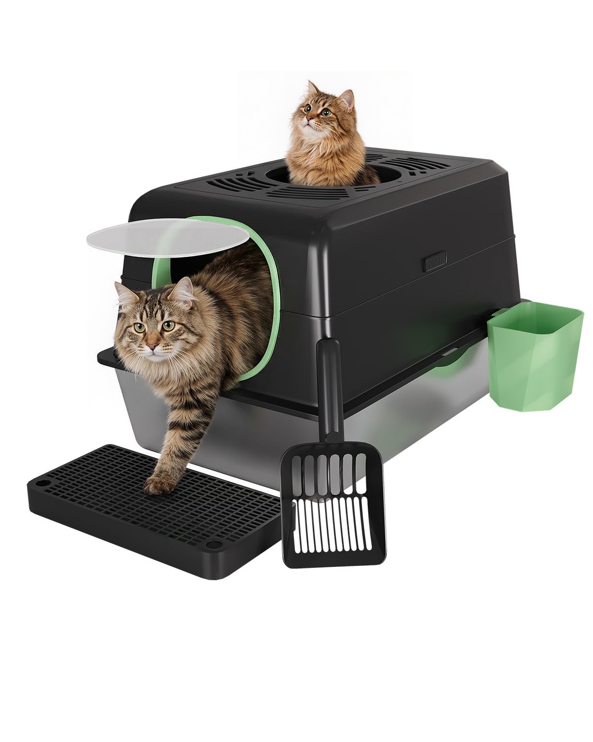 XL Stainless Steel Cat Litter Box with Lid, Enclosed High-Sided Top-Entry Design, Large Metal Kitty Litter Box Equipped with Scoop and Trash Bin, Black