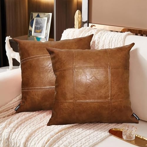 Vannaey Faux Leather Throw Pillow Covers, 18 X 18 Pillow Cases Cover, Set Of 2, Decorative Pillows Cover For Couch, Square Boho Accent Sofa Pillow Covers For Living Room, Bedroom (Brown) #TOP17
