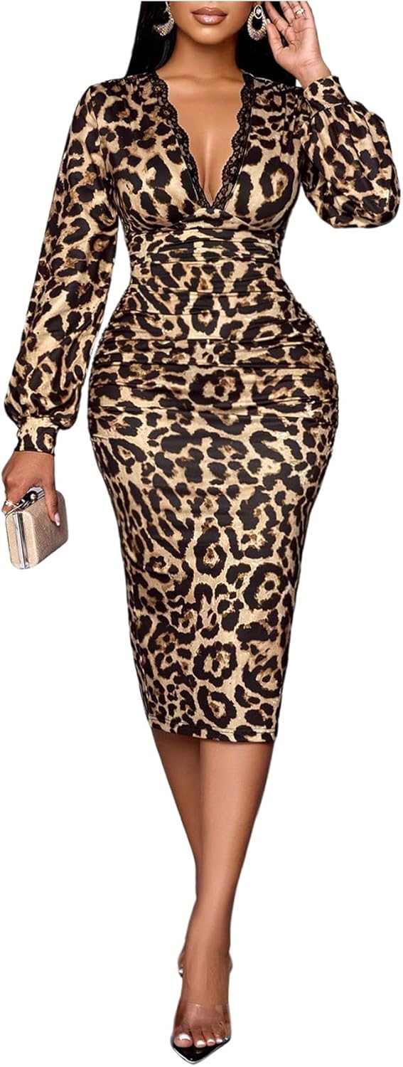 SweatyRocks Women's Long Sleeve Lace Deep V Neck Ruched Cheetah Print Bodycon Midi Dress