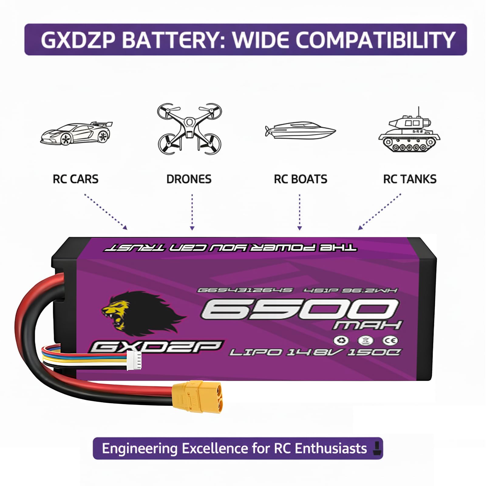 4S LiPo Akku 6500mAh 14,8V 150C Hardcase XT90 Stecker Hochleistungs RC Batterie für Auto LKW Buggy Flugzeug 1/10 1/8 Scale Modellbau 2 Pack HV