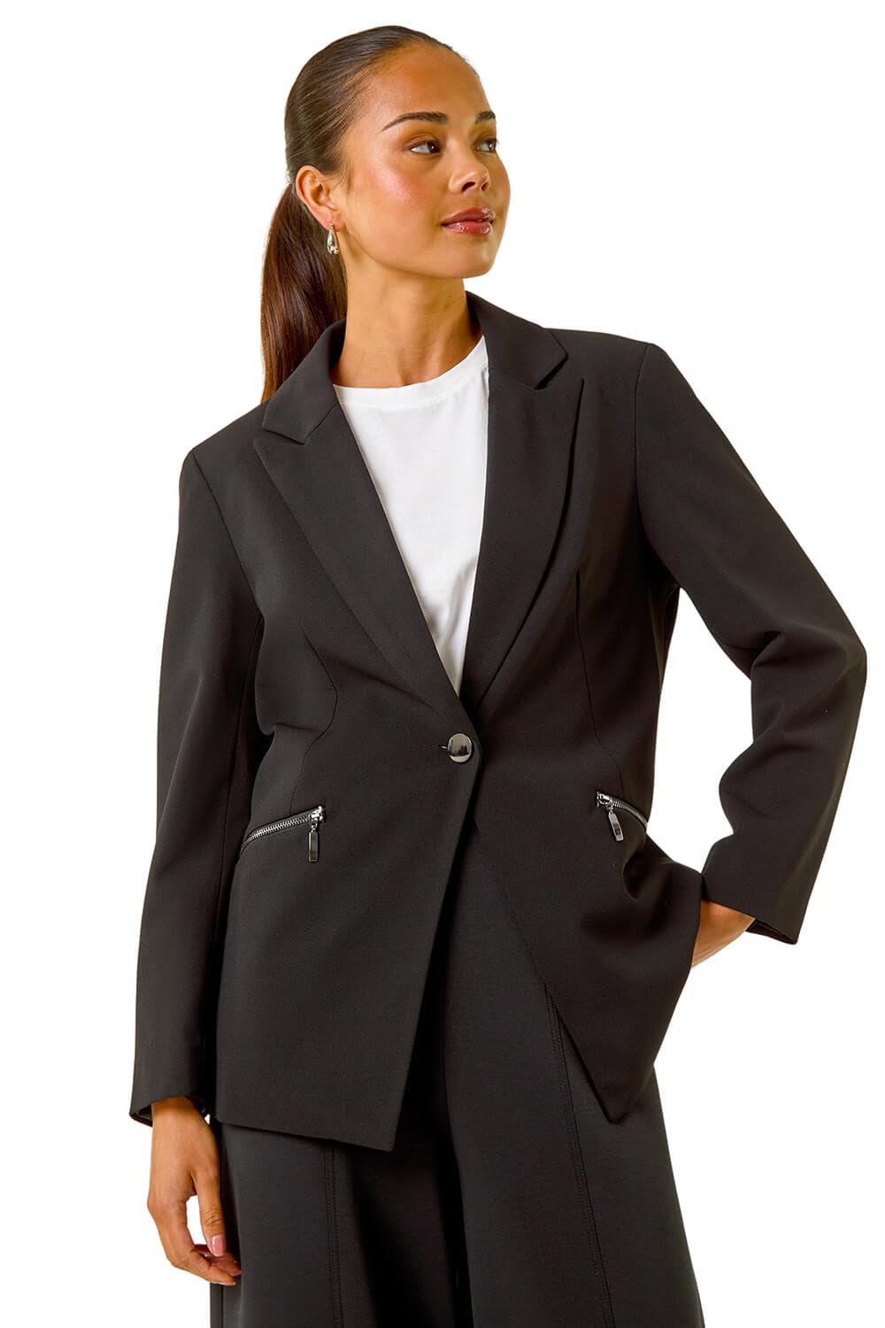 Roman Originals Women's Petite Black Roman Petite Zip Pocket Stretch Blazer For Uk - Everyday Holiday Spring Summer Revered Collar Comfy Soft Evening Vacation Work Party - Size 18