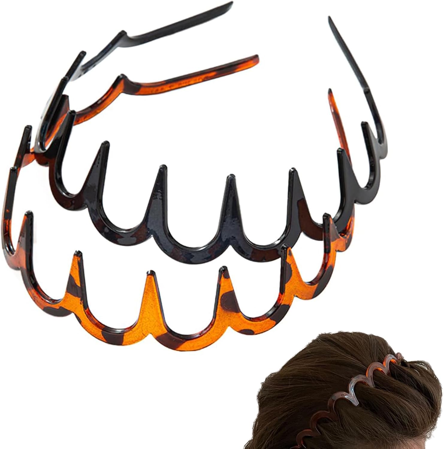 2025 New Reversible Korean Headbands with Teeth, 2PCS High Cranium Headbands for Women, New U Shape Fashion Zigzag Tooth Hair Comb Headband for Women Gifts for Teen Girls (Amber+Black)