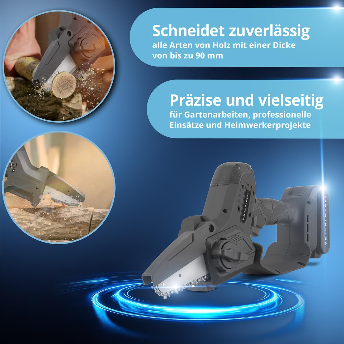 STAHLWERK Mini motosega a batteria (MAK-20 ST) – Set con batteria da 2 Ah, caricabatterie, catena di ricambio e spada di ricambio, sega a mano senza brushless, 6"/15,2 cm, 4,8 m/s, per legno, rami