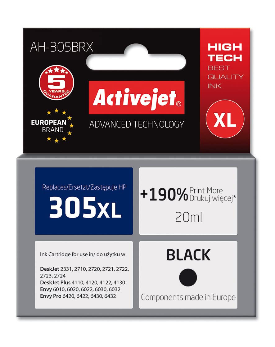 Activejet AH-305BRX ink (replacement for HP 305 XL 3YM62AE; Premium; 20 ml; black)