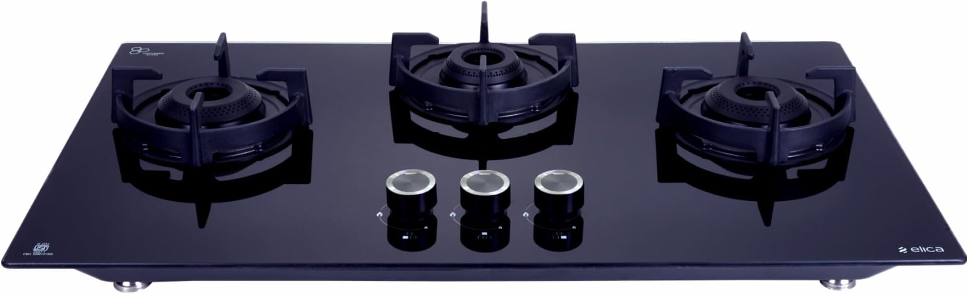 Elica 75cm 3 Burner Auto Ignition Hob | FLEXI 375 LOTUS IND HD BRASS | SABAF Burners | Cast Iron Pan Support with Heat Guard | 8mm Toughened Glass | 10-Year Burner Warranty | Black